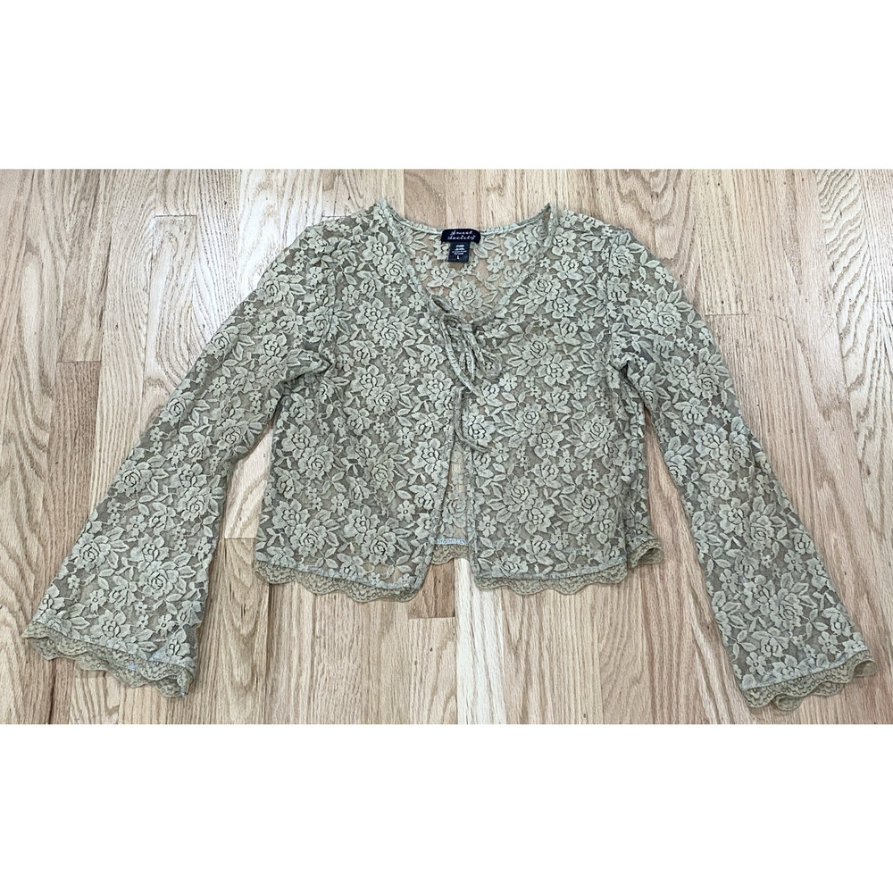 Taupe Lace Tie Front Top L Sheer Bell Sleeve Coquette Romantic Ethereal Delicate